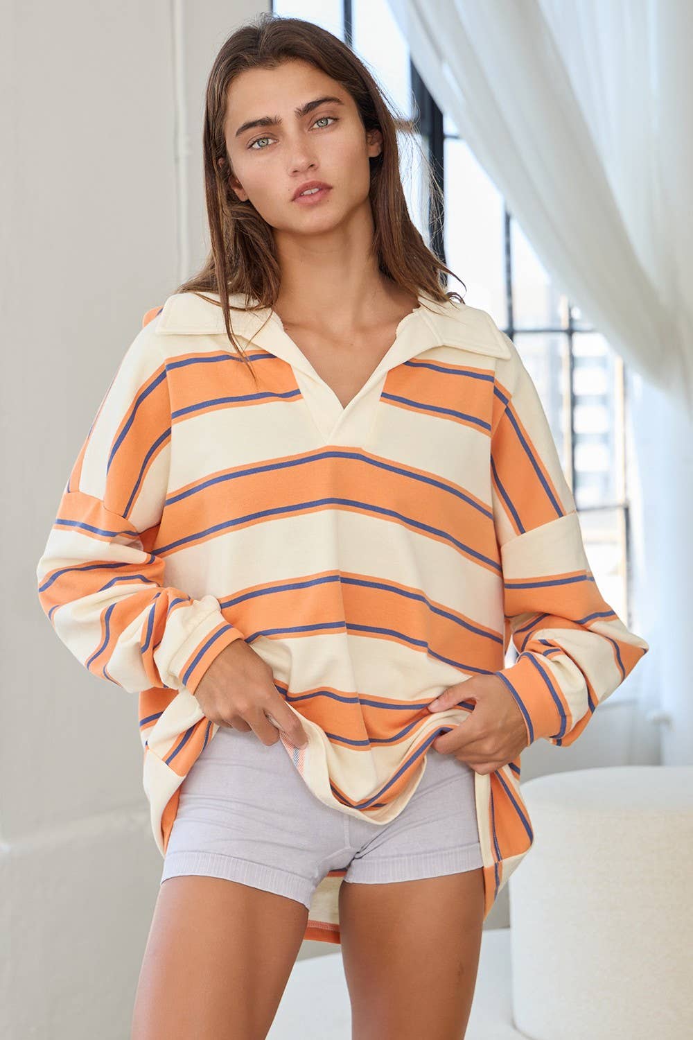 IT2417 Contrast Collared Neck Striped Polo Tunic Top: Peach / S-M-L (2-2-2) - obligato