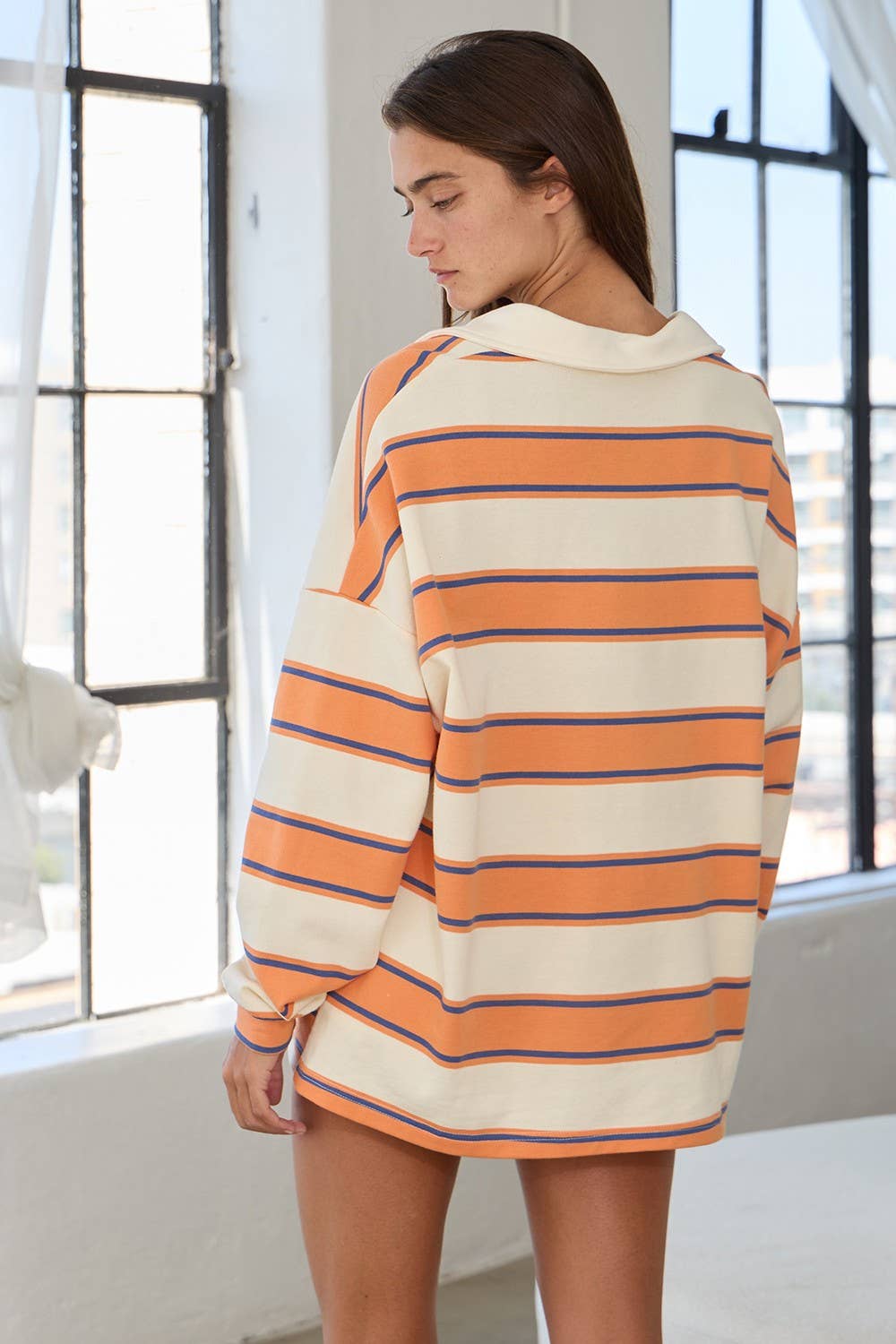 IT2417 Contrast Collared Neck Striped Polo Tunic Top: Peach / S-M-L (2-2-2) - obligato