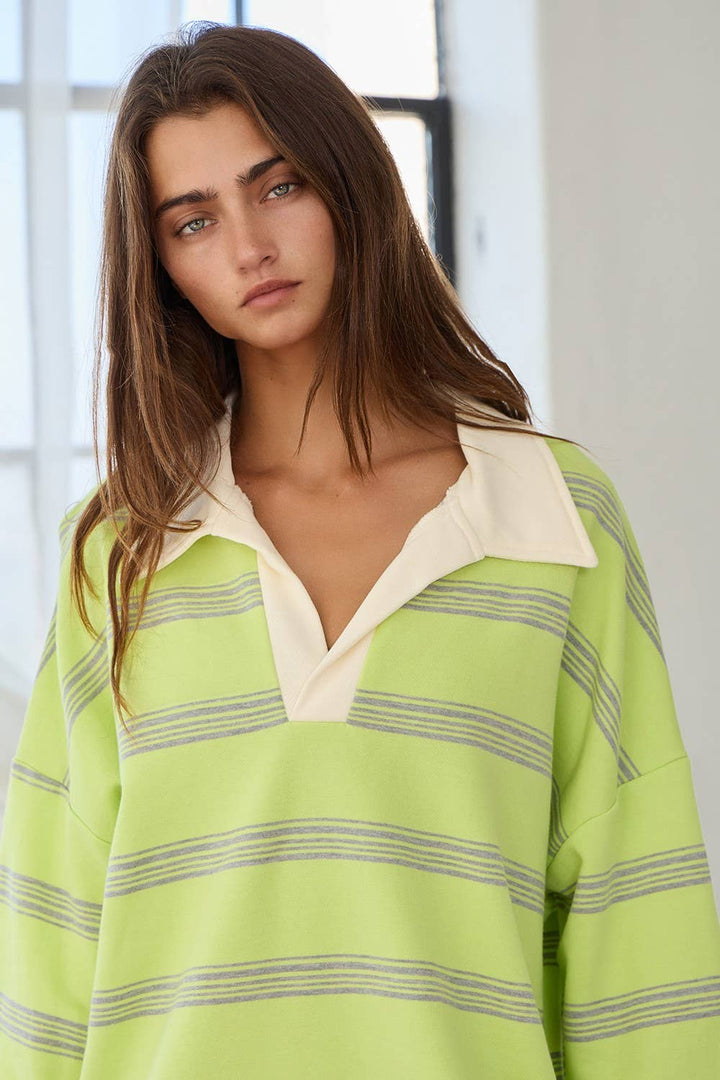 IT2417 Contrast Collared Neck Striped Polo Tunic Top: Peach / S-M-L (2-2-2) - obligato