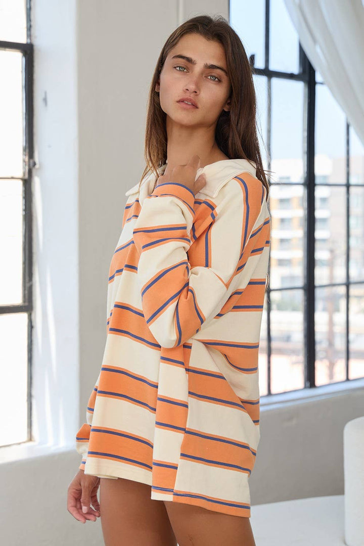 IT2417 Contrast Collared Neck Striped Polo Tunic Top: Peach / S-M-L (2-2-2) - obligato