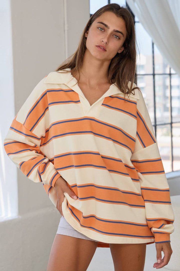 IT2417 Contrast Collared Neck Striped Polo Tunic Top: Peach / S-M-L (2-2-2) - obligato