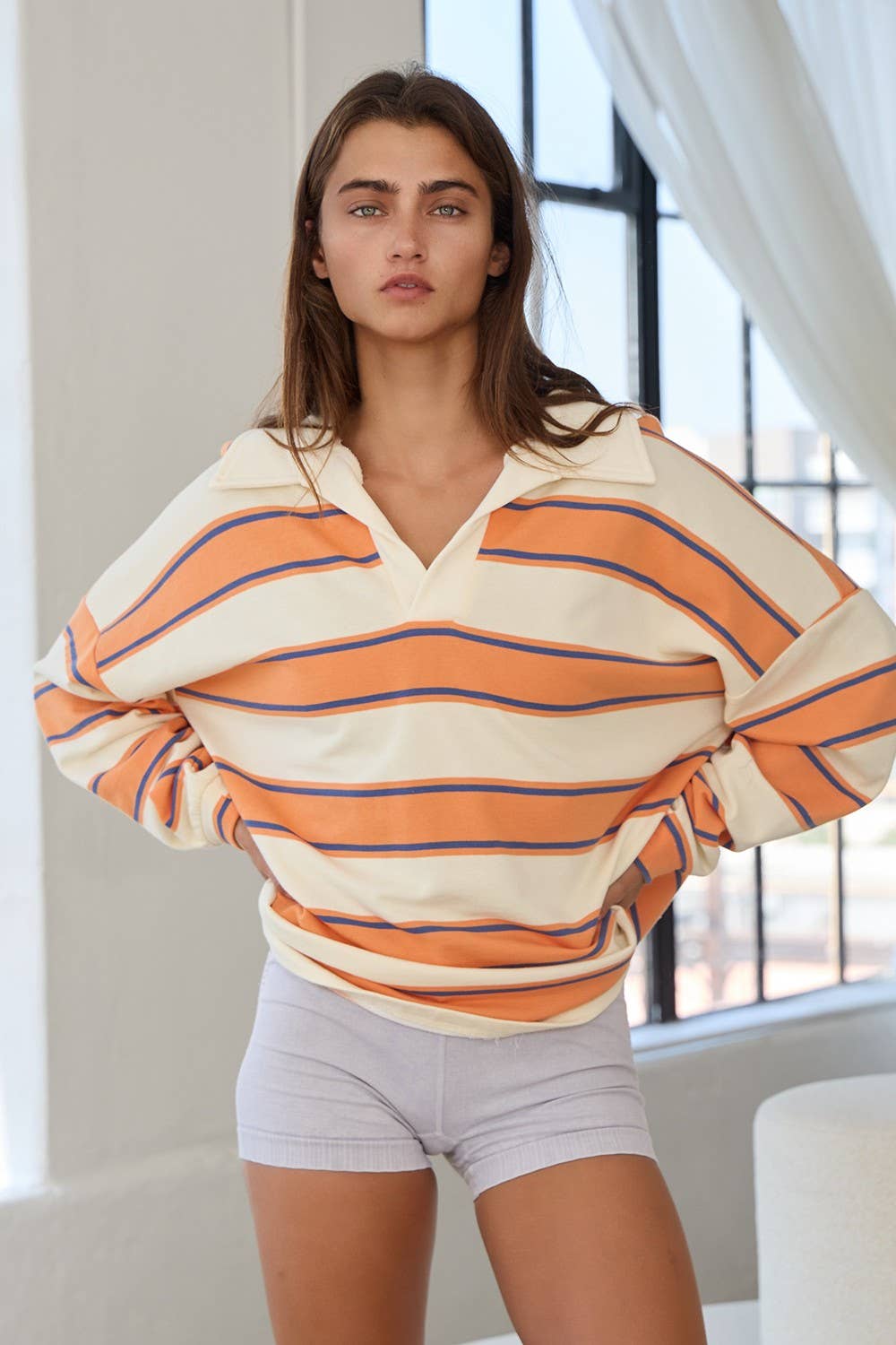 IT2417 Contrast Collared Neck Striped Polo Tunic Top: Peach / S-M-L (2-2-2) - obligato