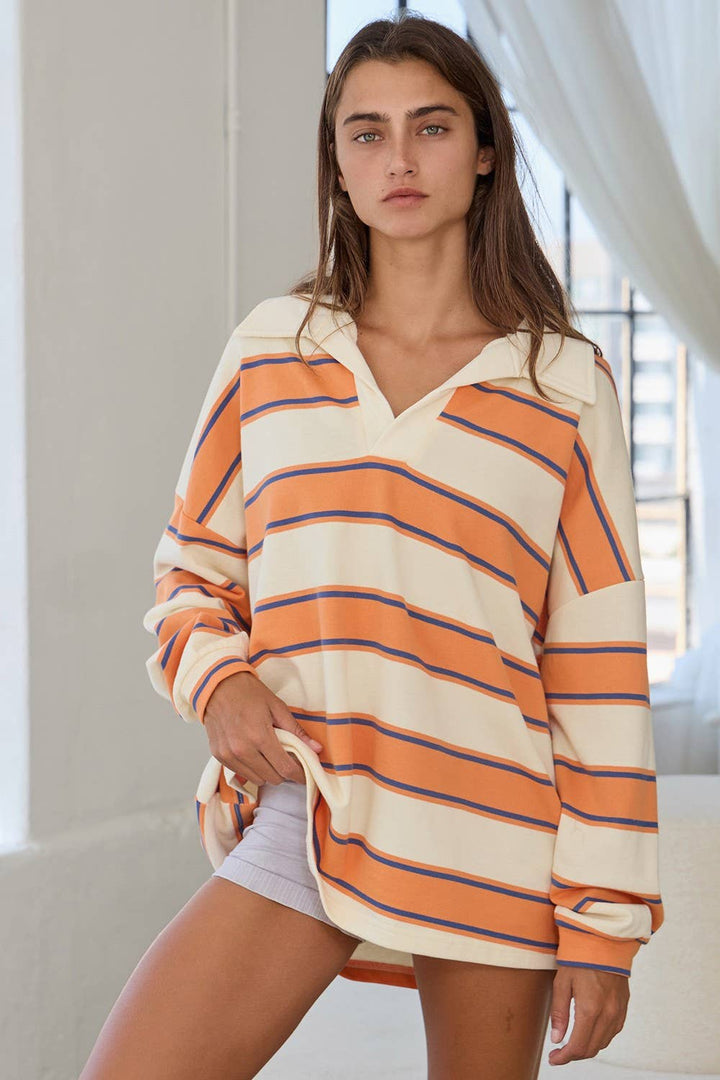 IT2417 Contrast Collared Neck Striped Polo Tunic Top: Peach / S-M-L (2-2-2) - obligato