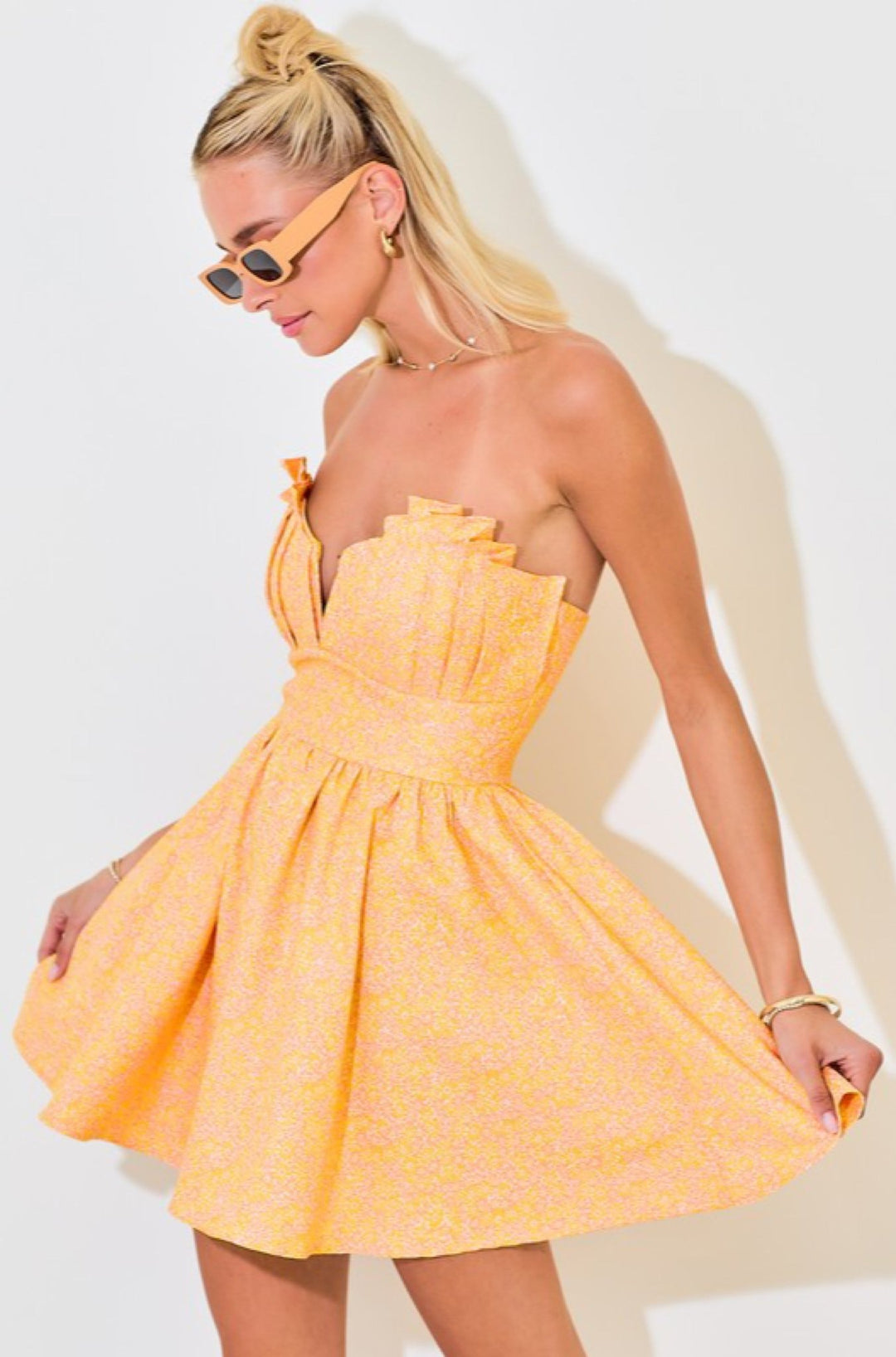 Jacquard Pleated Strapless Mini Dress - obligato