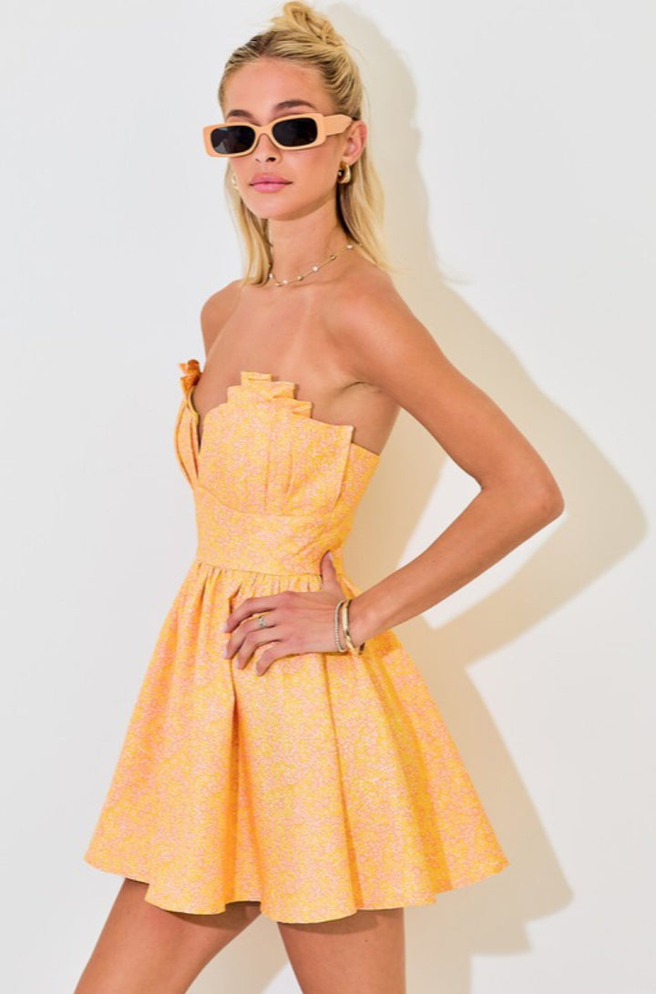 Jacquard Pleated Strapless Mini Dress - obligato