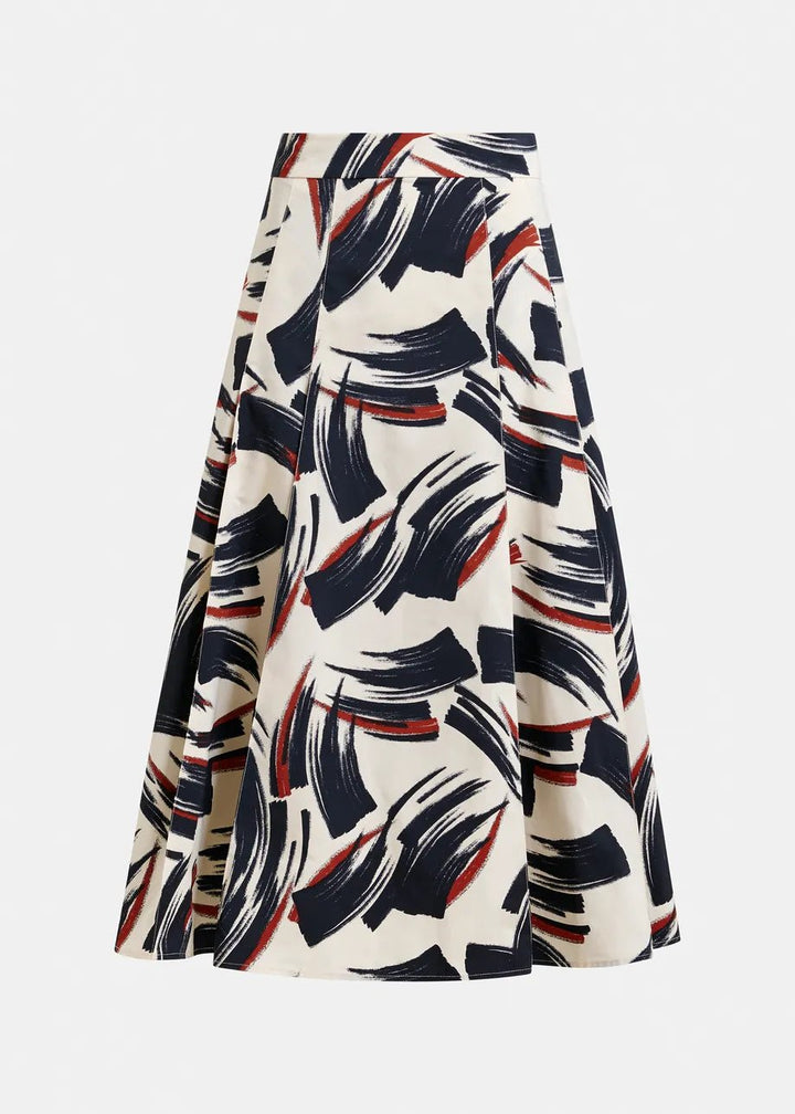 Jaelyn Deep Pleat Midi Skirt in Off White/Navy/brown - obligato