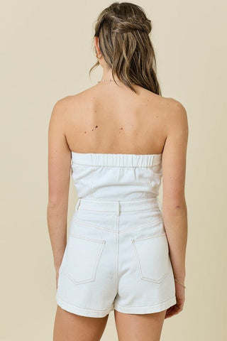 Jessie Strapless Denim Romper in Blanc - obligato