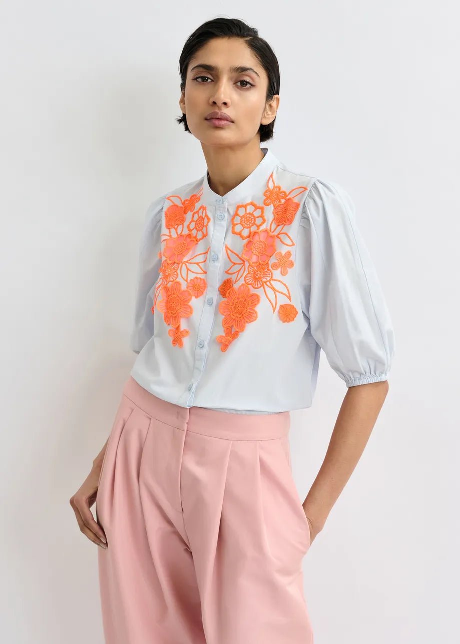 Jorja Applique Flower Shirt in Blue/Orange - obligato