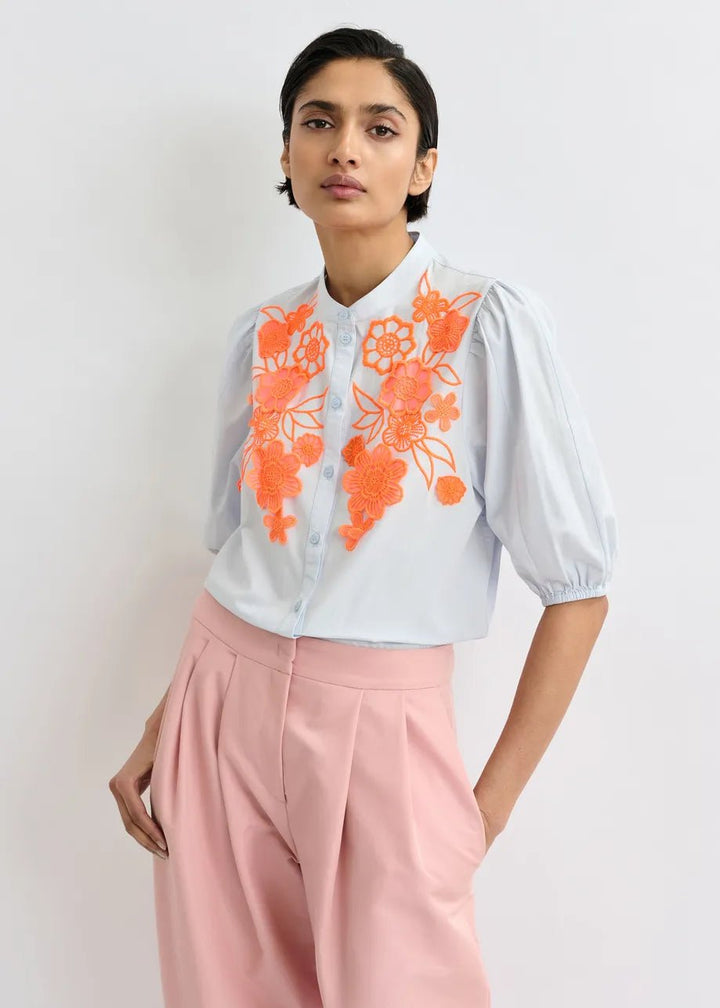 Jorja Applique Flower Shirt in Blue/Orange - obligato