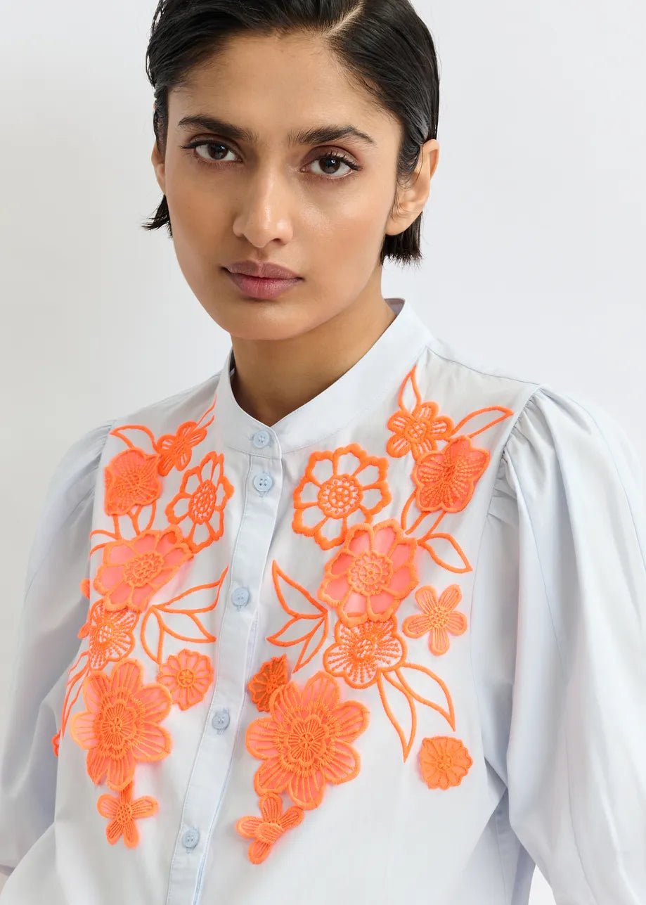 Jorja Applique Flower Shirt in Blue/Orange - obligato