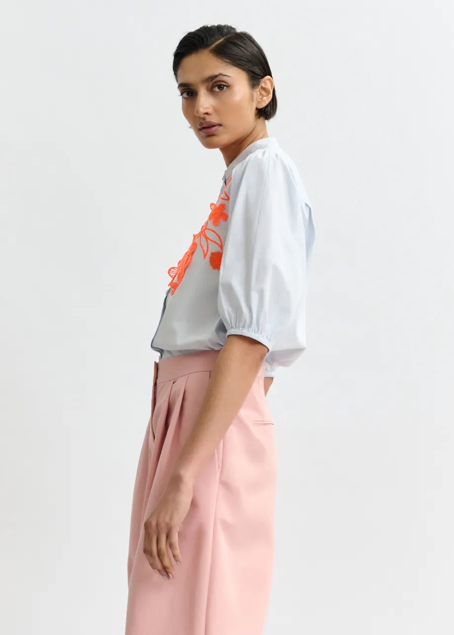 Jorja Applique Flower Shirt in Blue/Orange - obligato