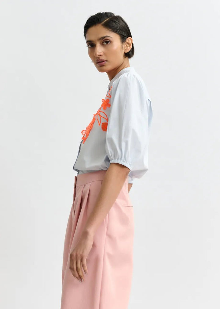 Jorja Applique Flower Shirt in Blue/Orange - obligato