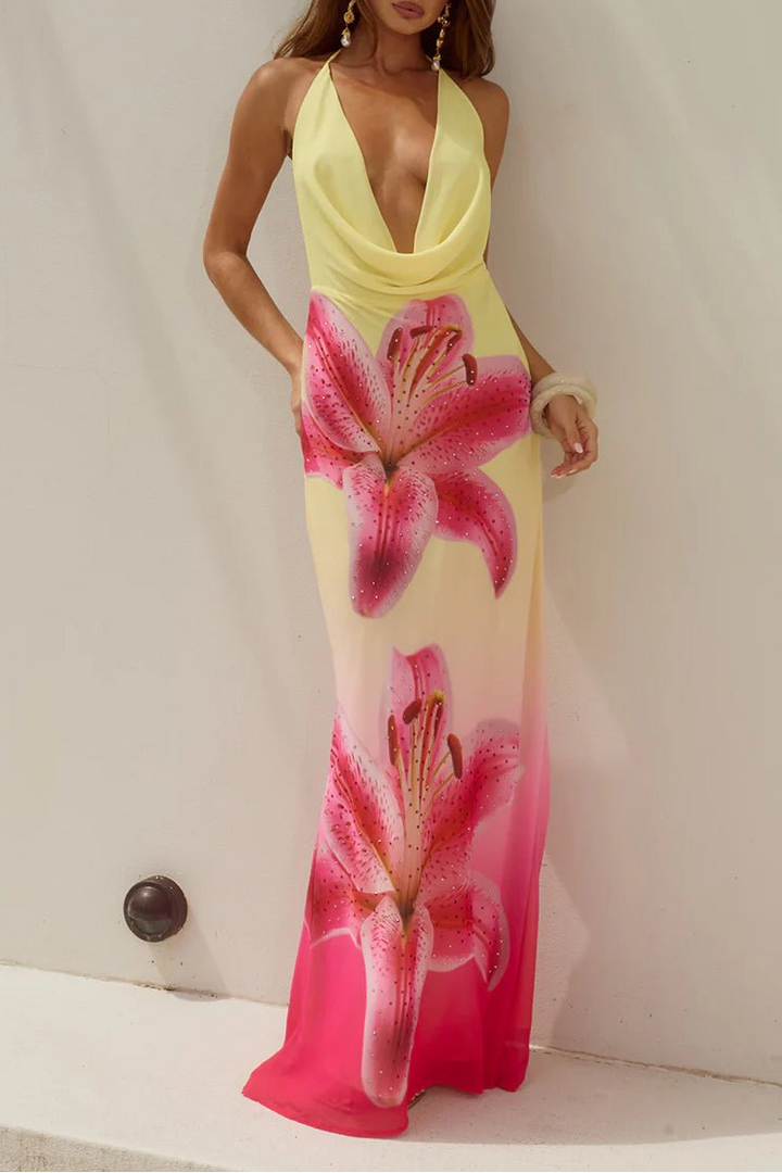 JULIANA COWL HIGH SLIT MAXI DRESS - PINK LILY - obligato