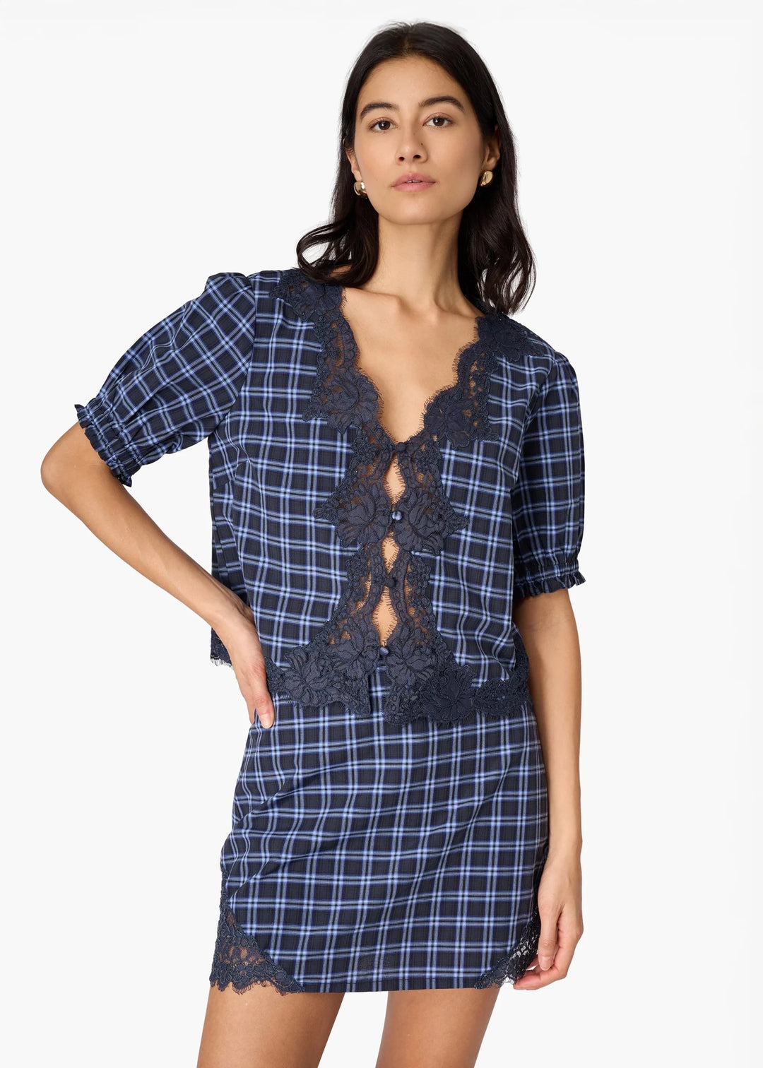 Junie Cotton Top Navy Plaid - obligato
