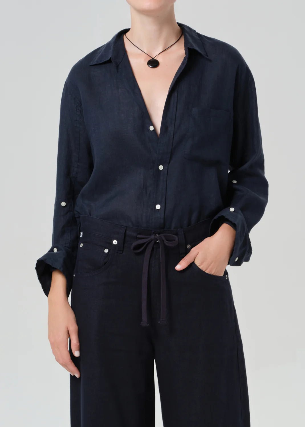 Kayla Shrunken Linen Shirt in True Navy - obligato