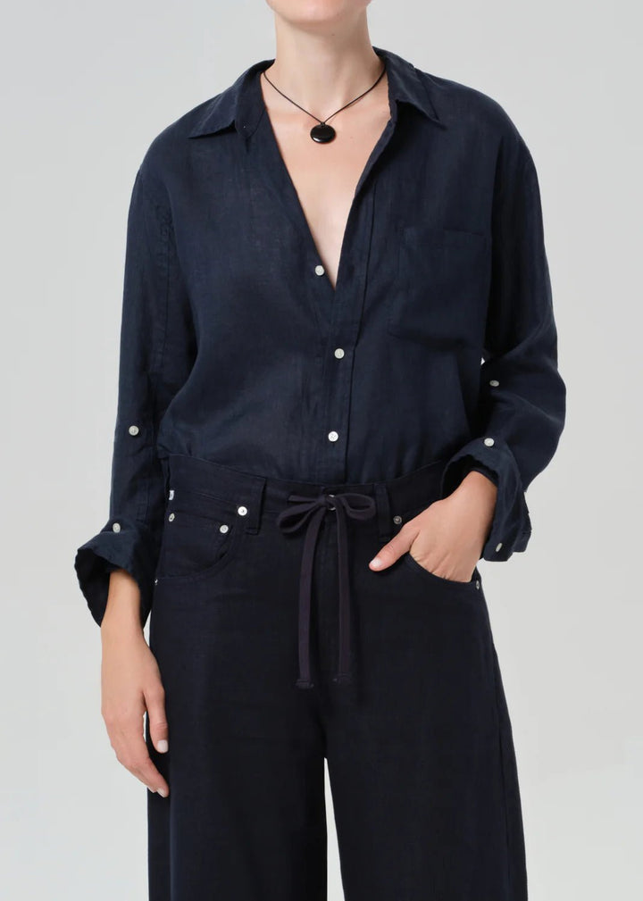 Kayla Shrunken Linen Shirt in True Navy - obligato