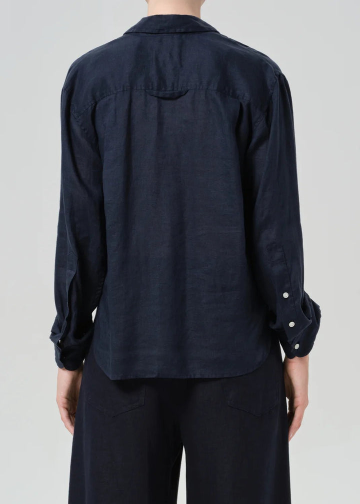 Kayla Shrunken Linen Shirt in True Navy - obligato