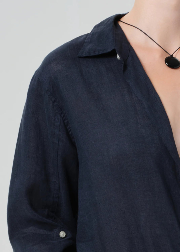 Kayla Shrunken Linen Shirt in True Navy - obligato
