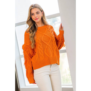Knit Fringe Sleeve Sweater: COPPER / L - obligato
