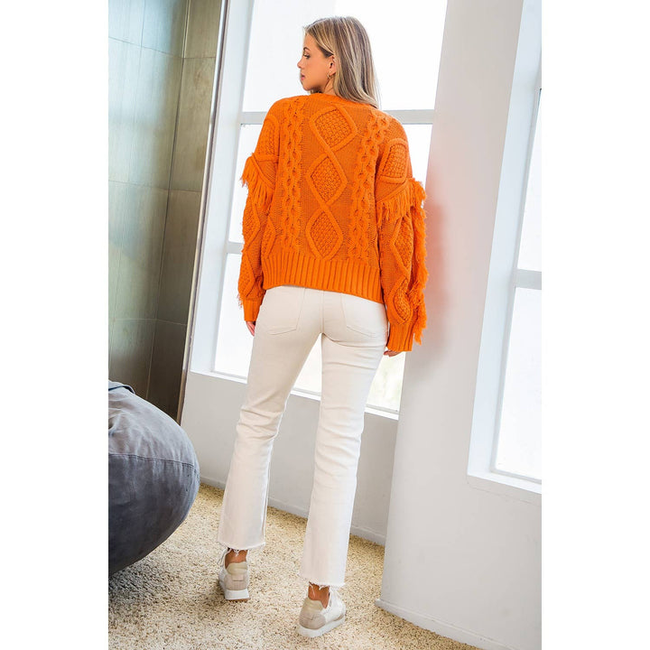 Knit Fringe Sleeve Sweater: COPPER / L - obligato