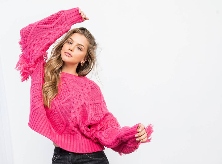 Knit Fringe Sleeve Sweater: COPPER / L - obligato