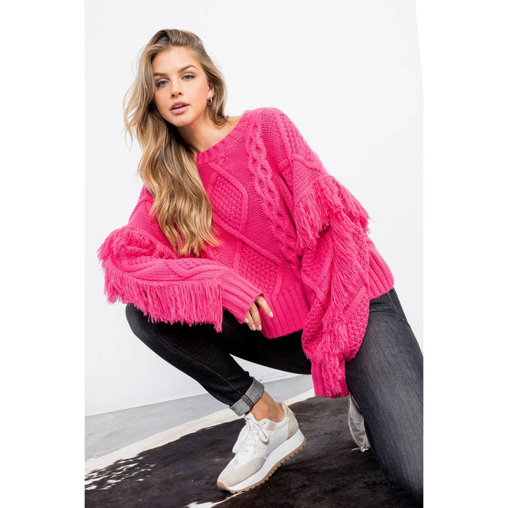 Knit Fringe Sleeve Sweater: COPPER / L - obligato