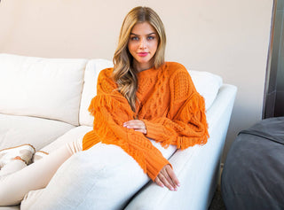 Knit Fringe Sleeve Sweater: COPPER / M - obligato