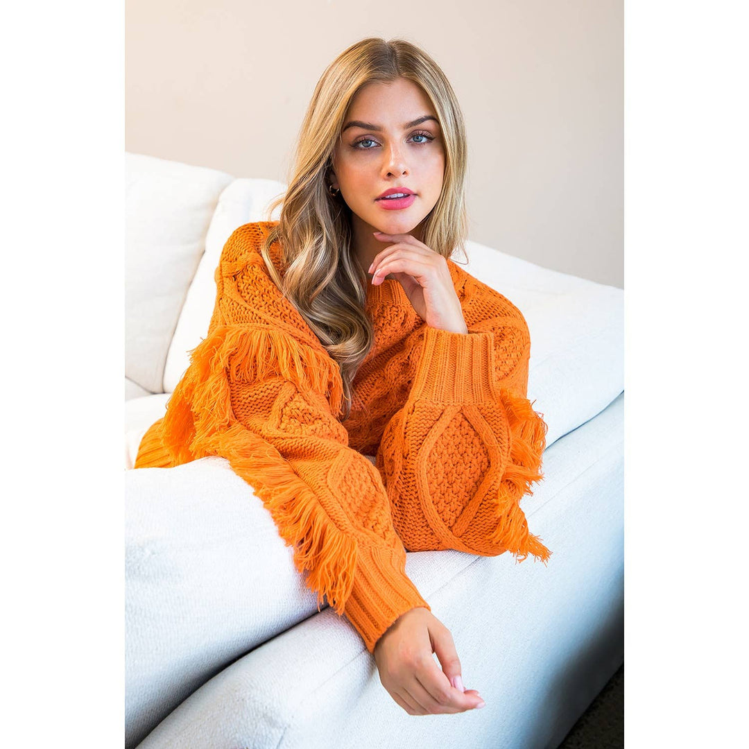 Knit Fringe Sleeve Sweater: COPPER / M - obligato