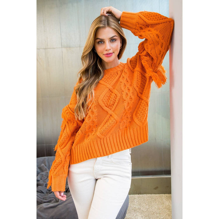 Knit Fringe Sleeve Sweater: COPPER / S - obligato