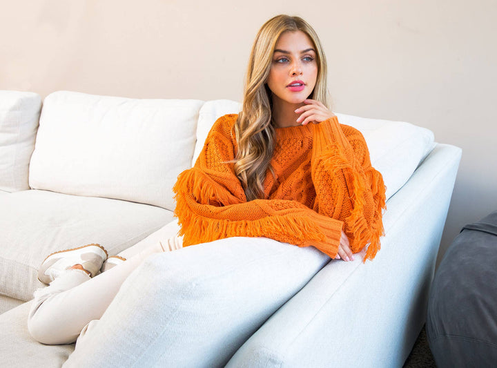 Knit Fringe Sleeve Sweater: COPPER / S - obligato