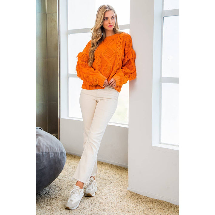 Knit Fringe Sleeve Sweater: COPPER / S - obligato