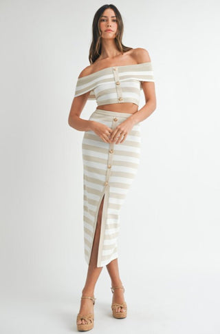 Knit Stripe Off - Shoulder Crop Top ad Skirt Set - obligato