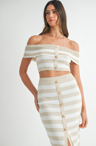 Knit Stripe Off - Shoulder Crop Top ad Skirt Set - obligato