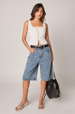 Lace Trim Linen Top in White - obligato