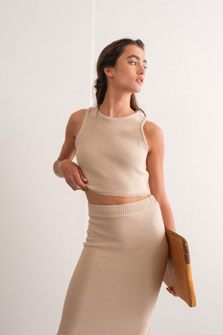 Lara Round Neck Crop Knit Top and Maxi Skirt Set - obligato