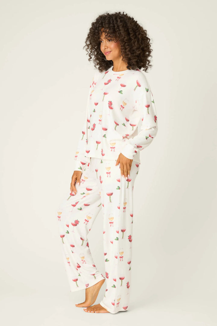 Let's Get Toasty Holiday Wine Print Pants Set - obligato