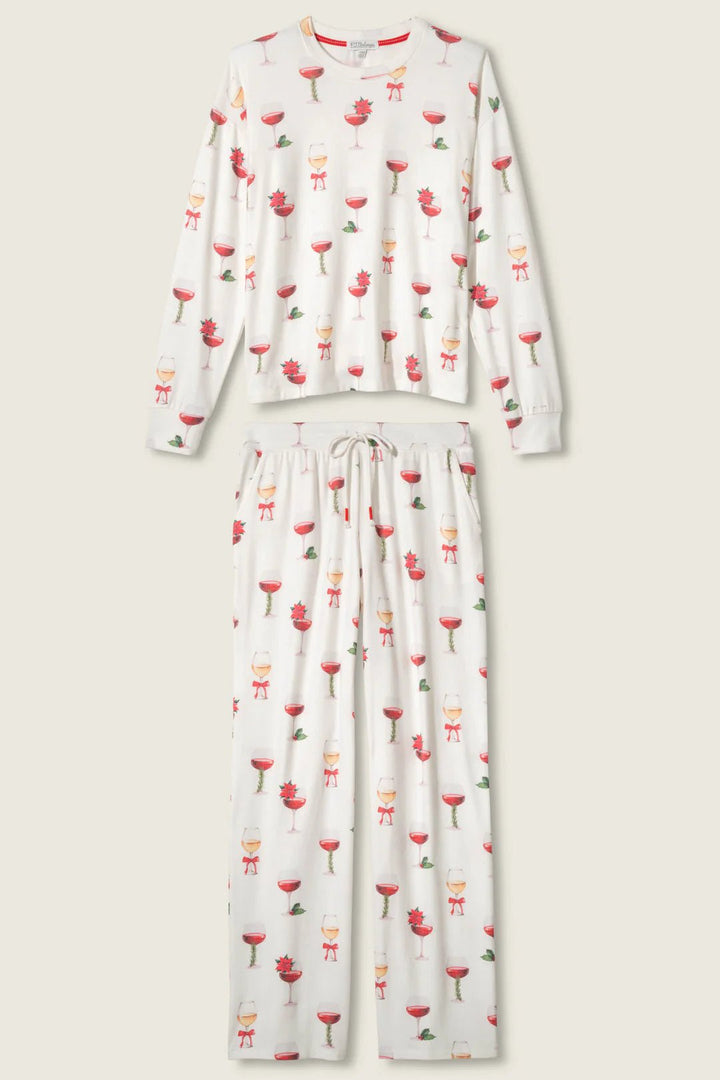 Let's Get Toasty Holiday Wine Print Pants Set - obligato