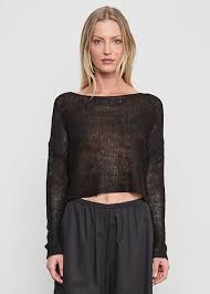 Linen Open Knit Bateau Sweater - Black - obligato