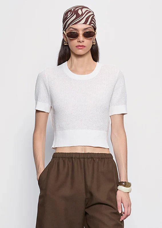 Linen Open Knit Cropped Short Sleeve in Off White - obligato