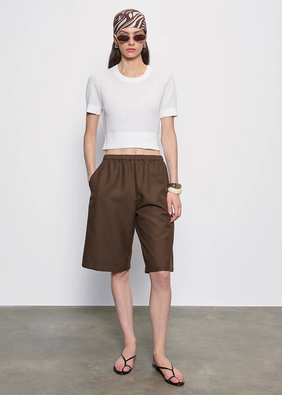 Linen Open Knit Cropped Short Sleeve in Off White - obligato