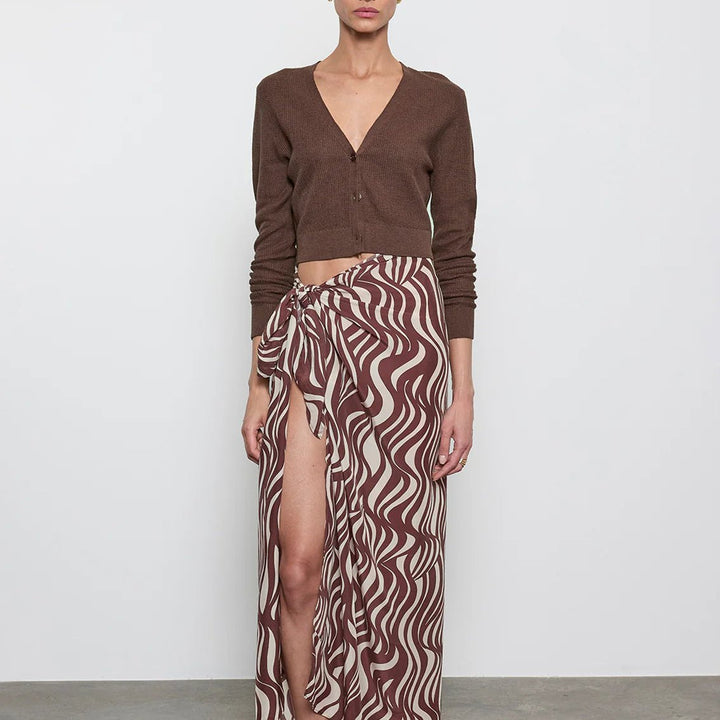 Linen Open Knit Cropped V Neck Cardigan in Chocolate - obligato