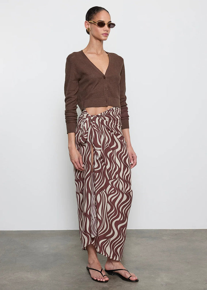 Linen Open Knit Cropped V Neck Cardigan in Chocolate - obligato