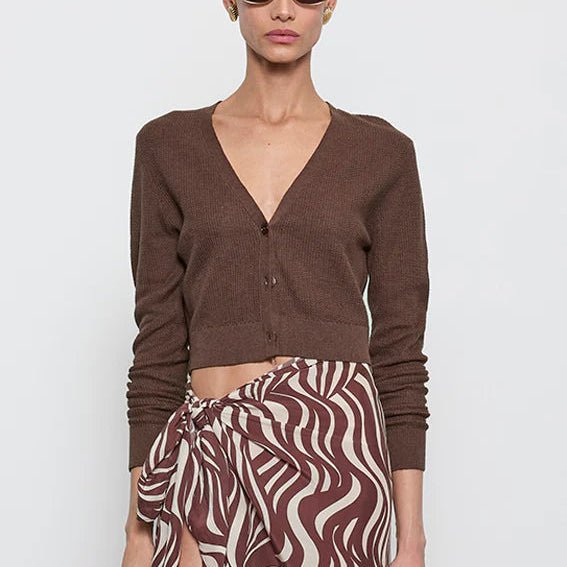 Linen Open Knit Cropped V Neck Cardigan in Chocolate - obligato