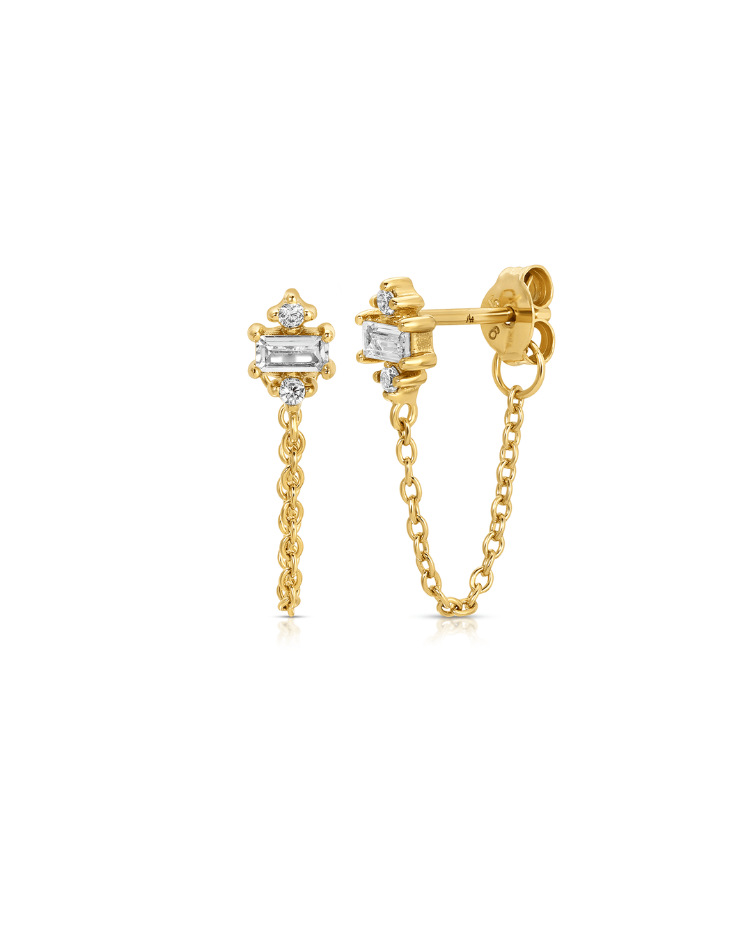 Lizzy Baguette CZ Chain Stud Earring, 14K Gold Plated - obligato