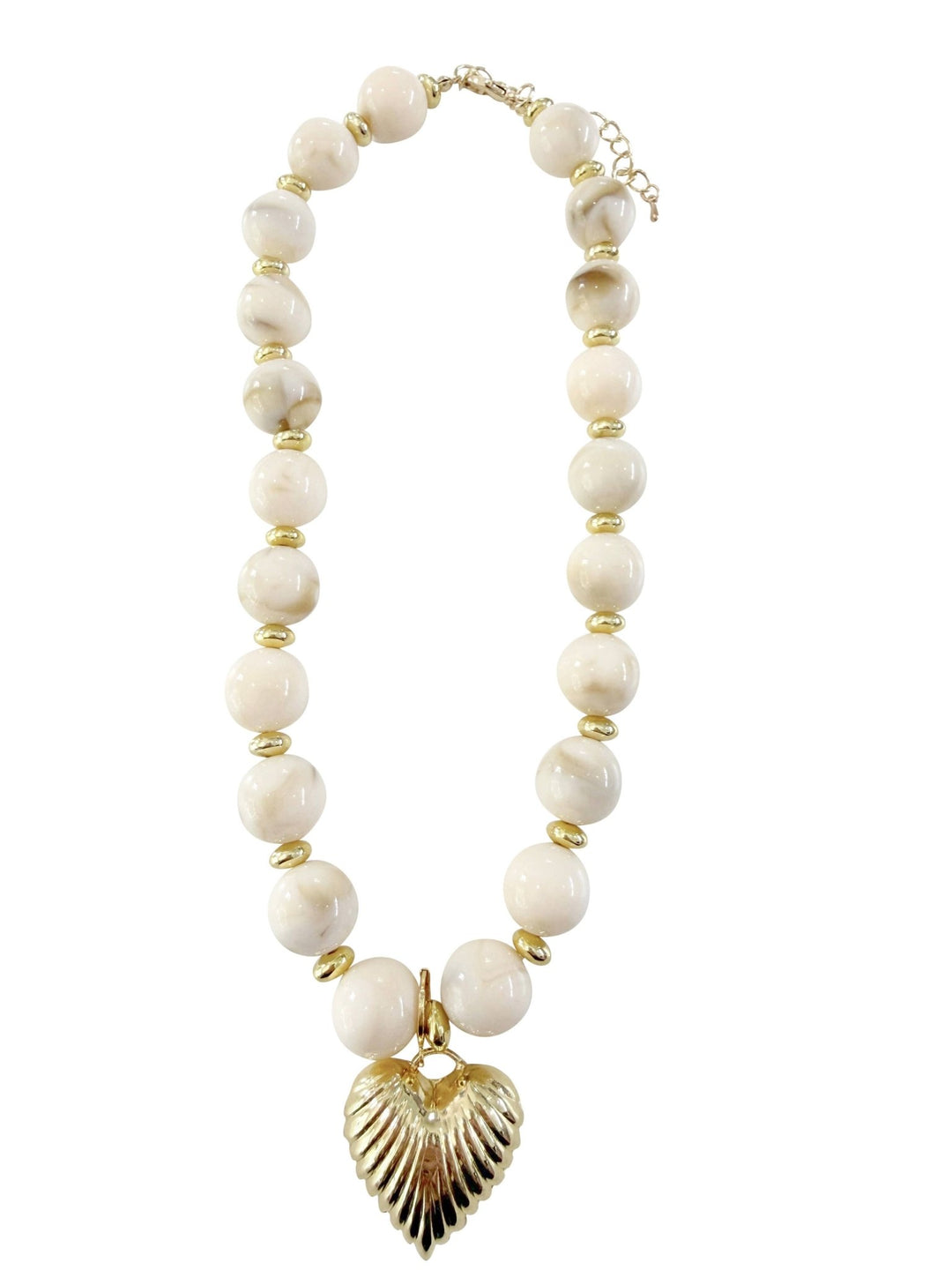 Lucas Beaded Necklace with Gold Heart Pendant - Cream - obligato