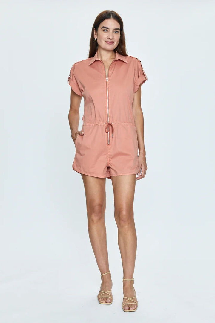Meg Short Sleeve Zip Front Romper - obligato