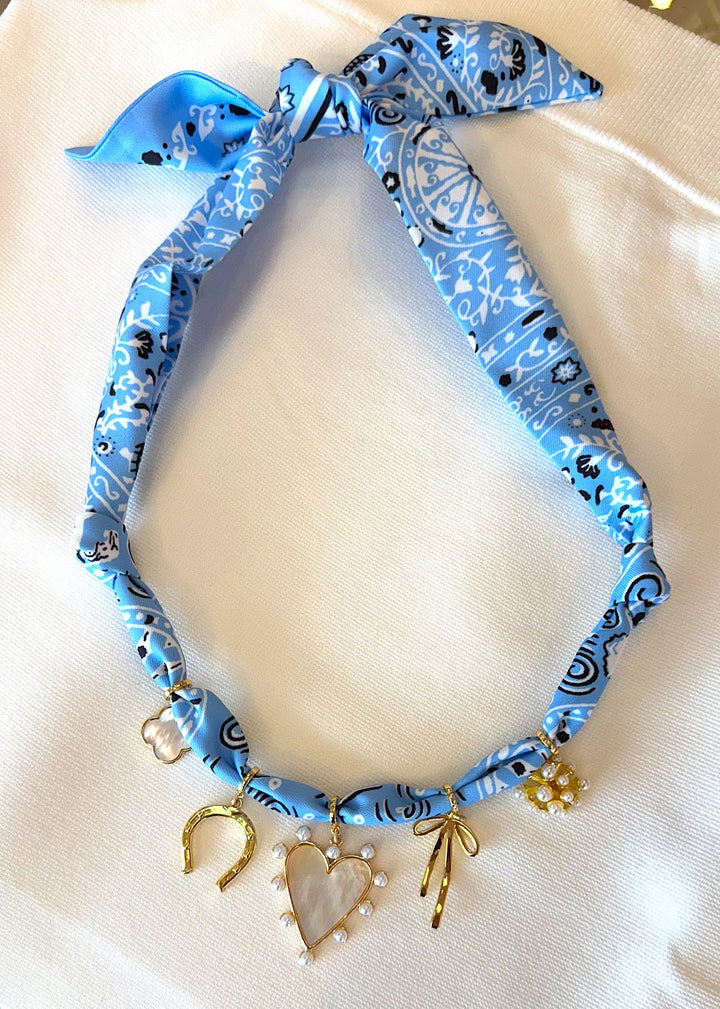 Mother of Pearl 5 Charm Light Blue Bandana Necklace - obligato
