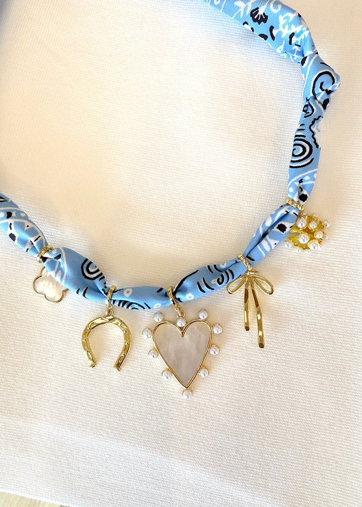 Mother of Pearl 5 Charm Light Blue Bandana Necklace - obligato
