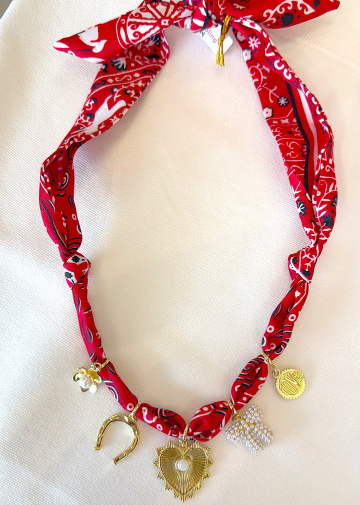 Mother of Pearl 5 Charm Red Bandana Necklace - obligato