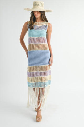 Multi Color Fringe Crochet Knit Dress - obligato